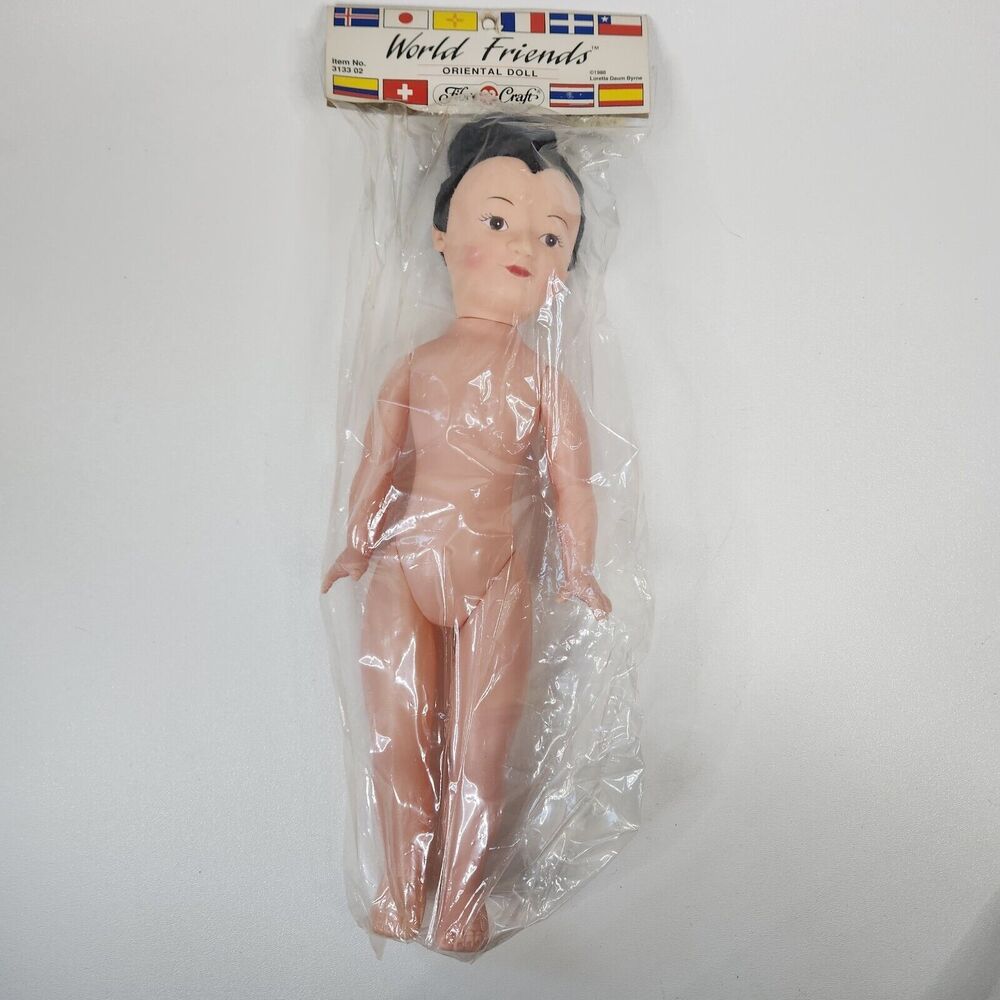 FIBRE CRAFT WORLD FRIENDS ORIENTAL DOLL 13" + DOLL CLOTHES PATTERN 1988 #3133 02